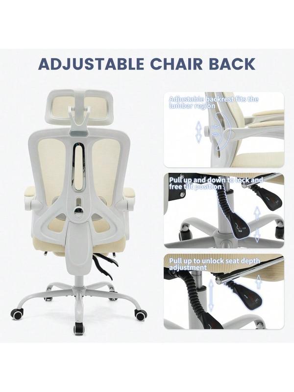 Beige - Ergonomic Mesh Office Chair - Home Desk Chair With Footrest , High-Back Computer Gaming Chair With Headrest Adjustable Lumbar Support, Rolling Swivel Task Chairs For Home, Office