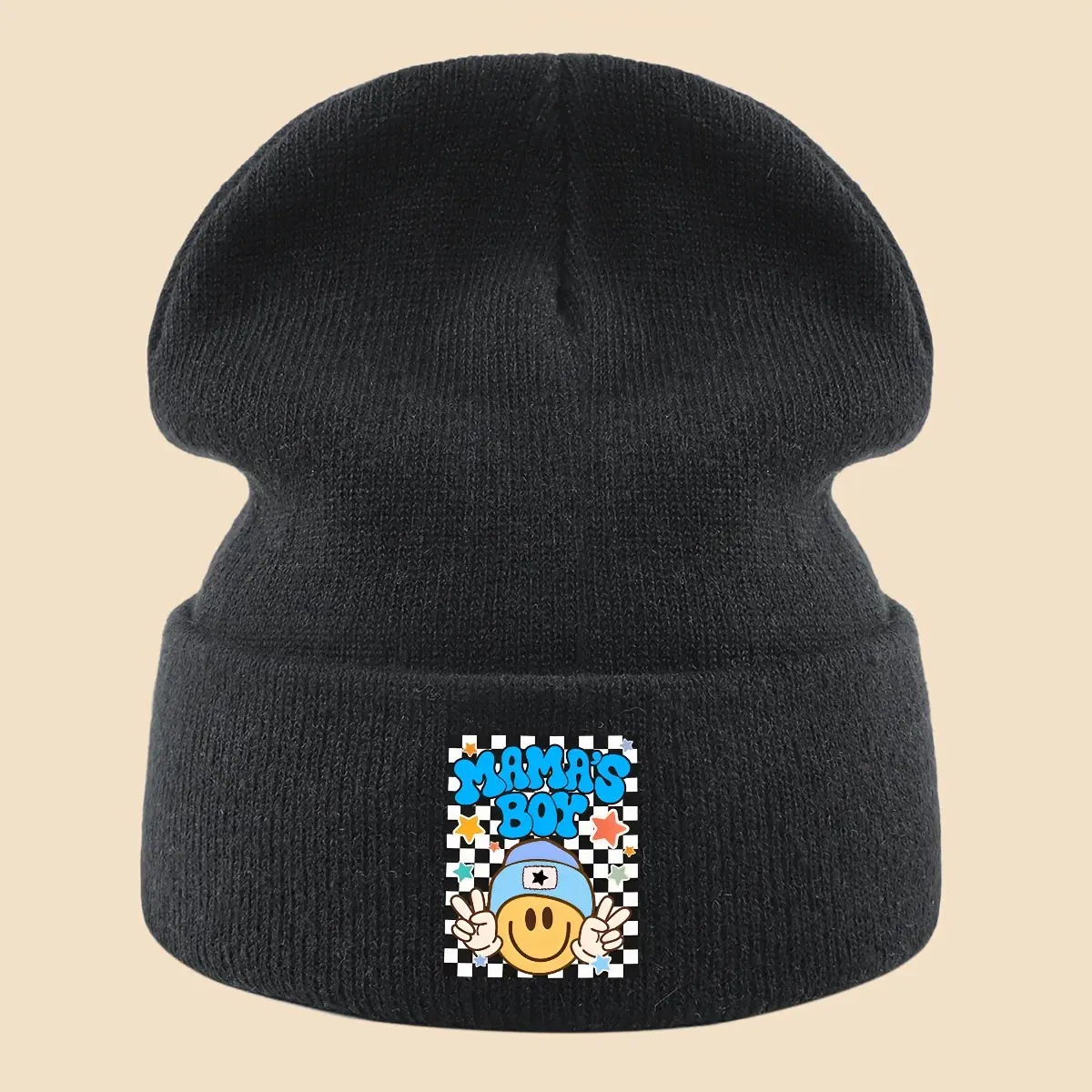 S&T 1PC Fun Print Knit Cap with "MAMA'S BOY" and smiley face spot print design, unisex, suitable for outdoor casual wear.Loose and comfortable, a warm outdoor trendy bonnet for autumn and winter.Lightweight and easy to carry, a warm outdoor ski hat for