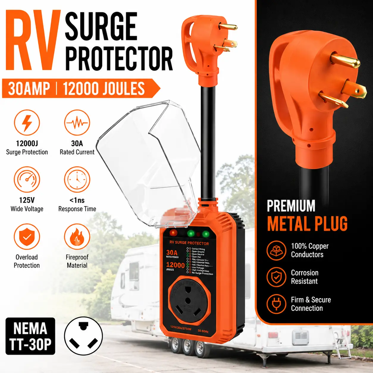 RV Outlet Surge Protector 30A/50A with USB Ports, 12000J/18000J Waterproof Smart Socket, Circuit Analyzer for Travel Trailer, Camper, Multifunctional Socket