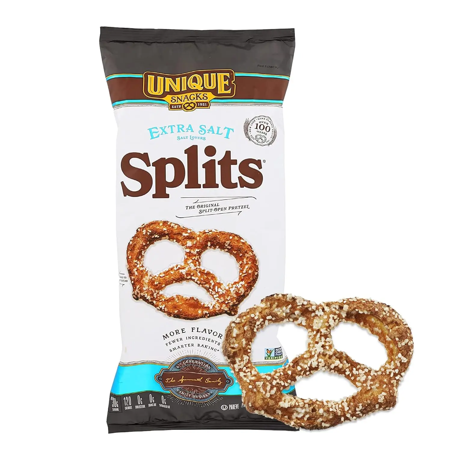 Unique Snacks Extra Salt Splits Pretzels, Original Split-Open Pretzels, Delicious Homestyle Baked Snack Bag, OU Kosher, and Non-GMO Food, No Artificial Flavor, 11 Oz. Bag, Pack of 3 pretzels