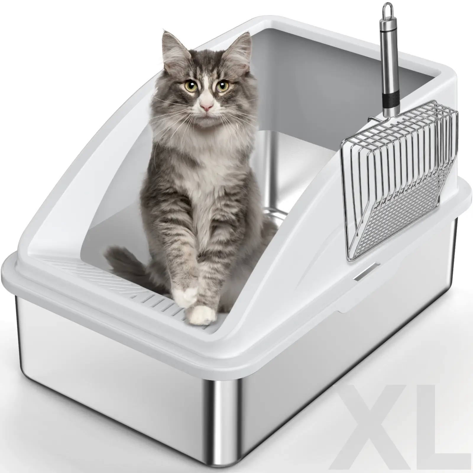 Enclosed Cat Litter Box Stainless Steel with Lid, XL Extra Large Litter Box for Big Cats, Anti-Urine Leakage, Include Cat Mat and All-Metal Litter Sco