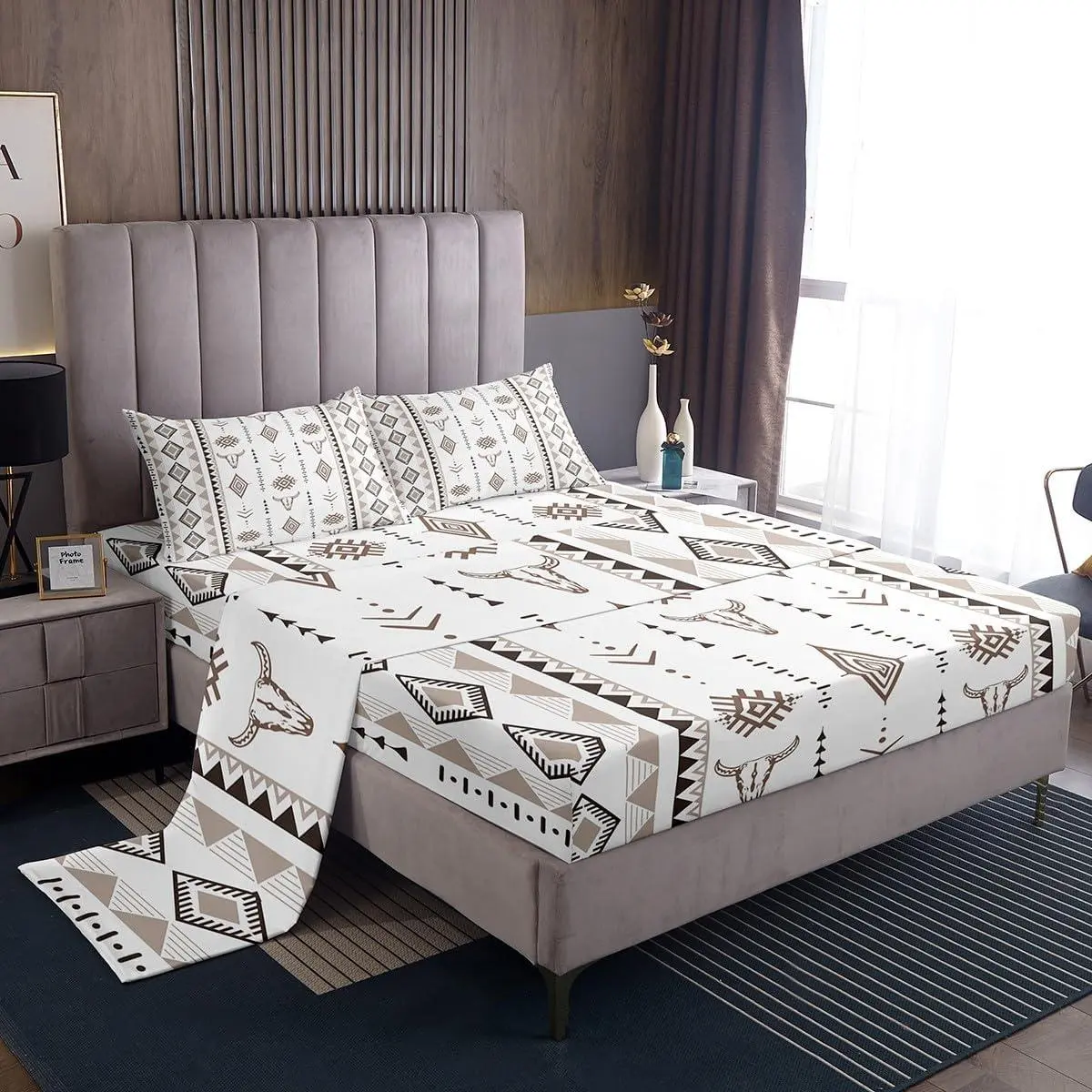 Feelyou Microfibre Aztec Bedding Sets Collections - Decorative Bold Graphic Print Bedding, Native Geometric/Farmhouse-Western Bull Skull Patterns, Breathable, Deep Pockets, Elastic Edge, Machine Washable, 16in Deep Fit, Multi-Size (Full, King)