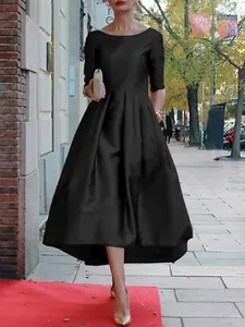 Women's Plain Plicated Round Neck Dress, Pleated Elegant Minimalist Aesthetic Fashion Casual A Line Dress for Daily Outdoor Wear, Women Dress for Summer Womenswear