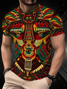 Men's Printed T-Shirt - Black/Gradient Multi-color Trendy Top, Round-neck Short-Sleeved T-shirt, suitable for daily wear, casual gatherings, fashionable gradient style, machine washable, Streetwear