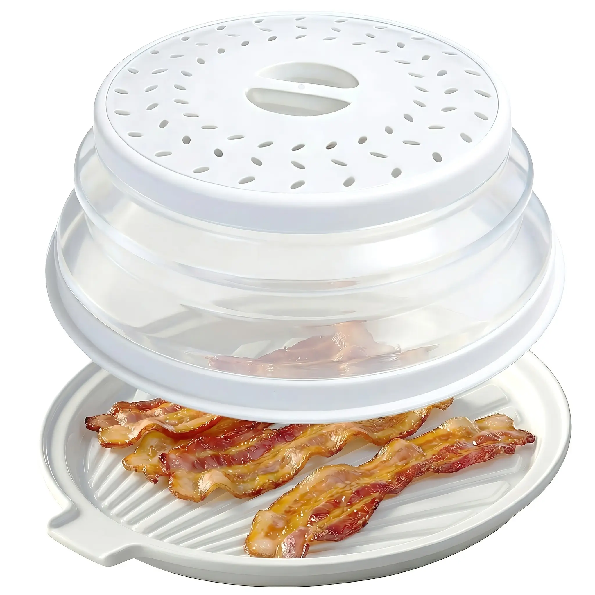 Microwave bacon tray set with lid, 1/2 ceramic bacon baking trays, suitable for microwave and oven, With or Without Foldable Silicone Lid,crispy bacon fryer, microwave bacon rack, 11 inch circular tray, white ﻿