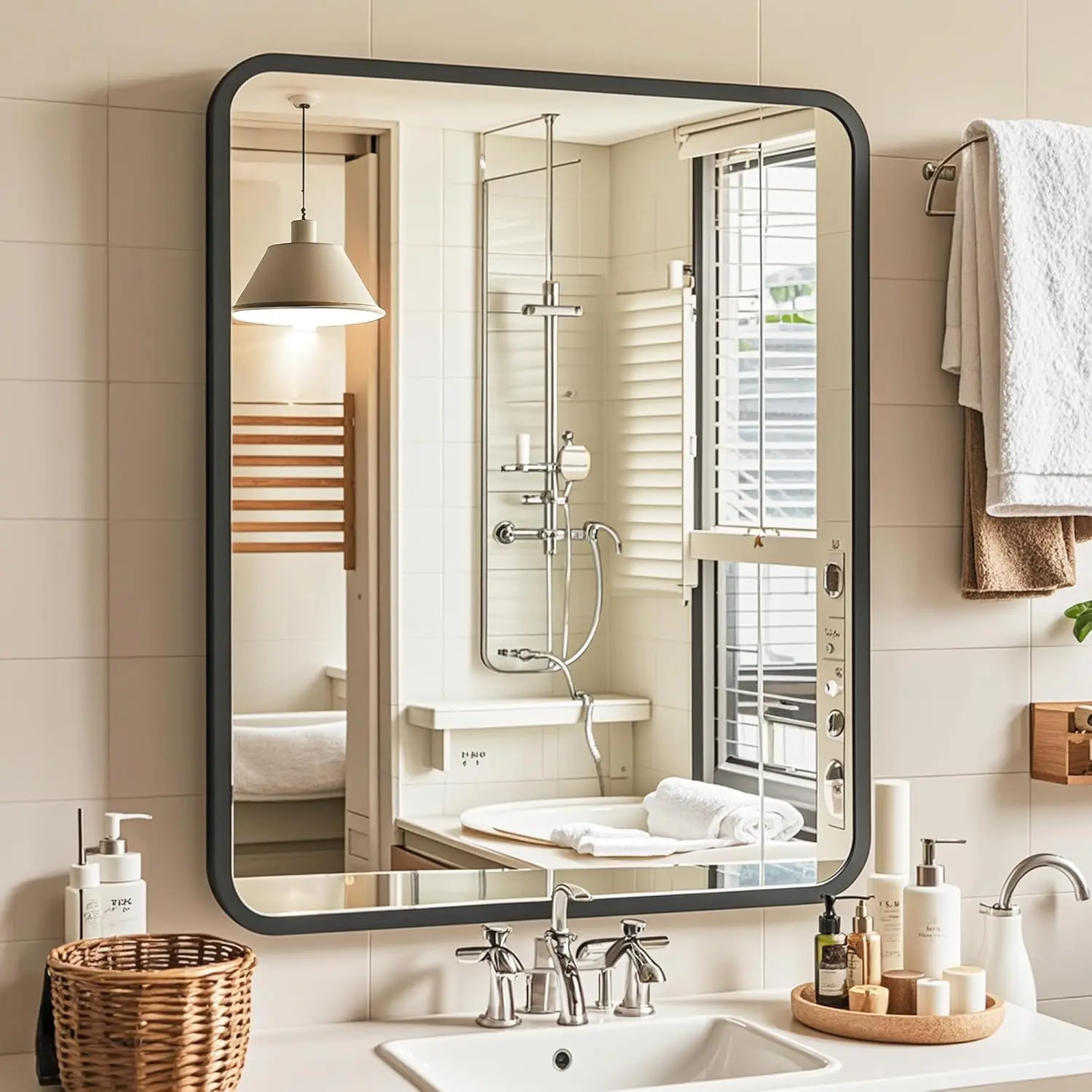 24x32 Black Bathroom Mirrors for Over Sink, Rectangle Bathroom Vanity Mirror for Wall, Modern Metal Frame Rectangular Mirror for Restroom  Room Toilet, Shatterproof, Tempered Glass