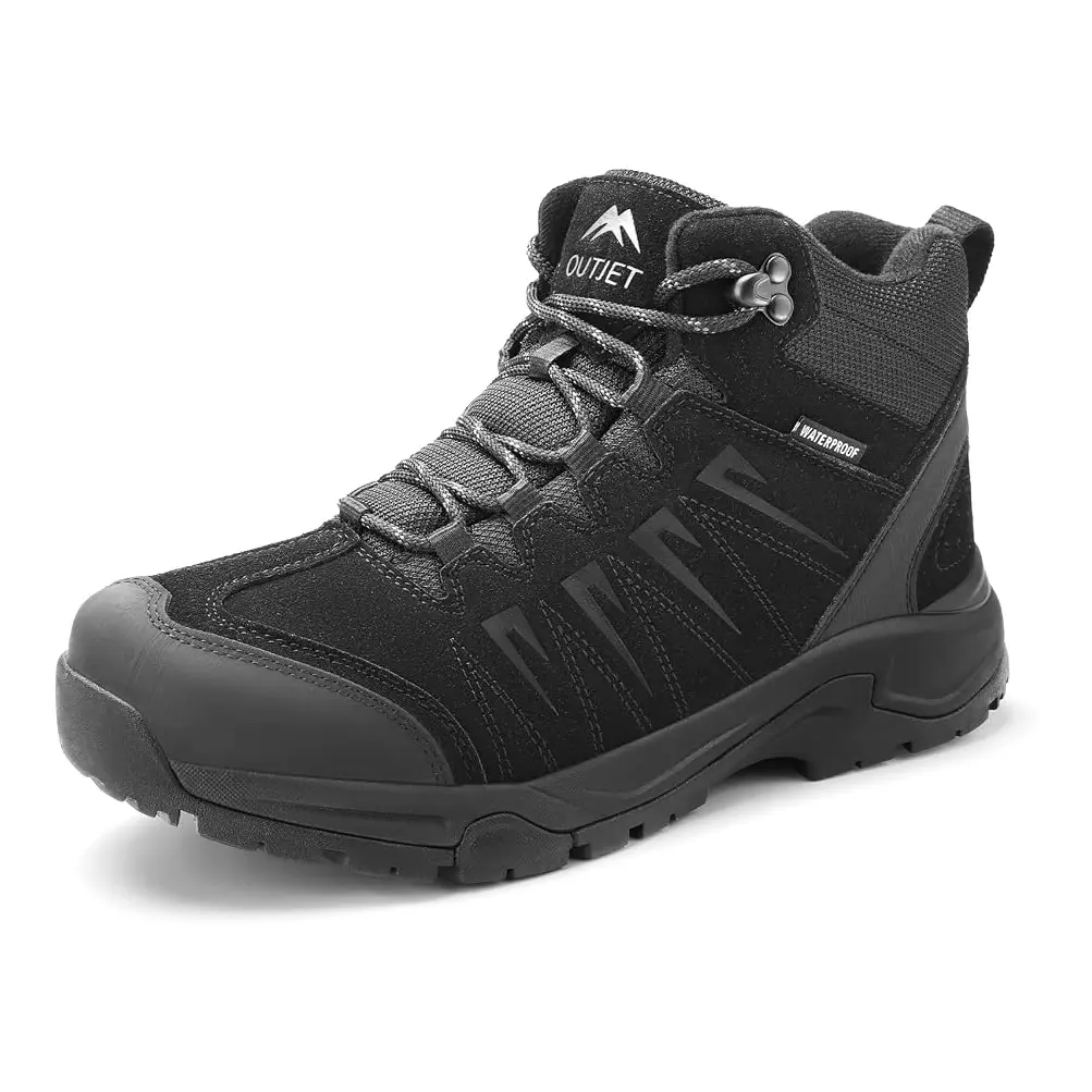 OUTJET Men's Waterproof Hiking Boots Lightweight Comfortable Leather Mid Ankle Outdoor Trekking Boot Tactical Boot for Work All Day Motorcycle Combat Safety Outdoor Shoes Footwear Men Boots Worker Boots