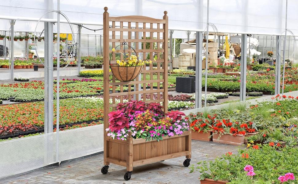 【4 Universal Castors】Yaheetech 75/50" H Horticulture Garden Planter with Trellis for Vine Climbing Plants Garden Box Outdoor w/Drainage Holes Raised Garden Bed Garden Planter Box for Flowers