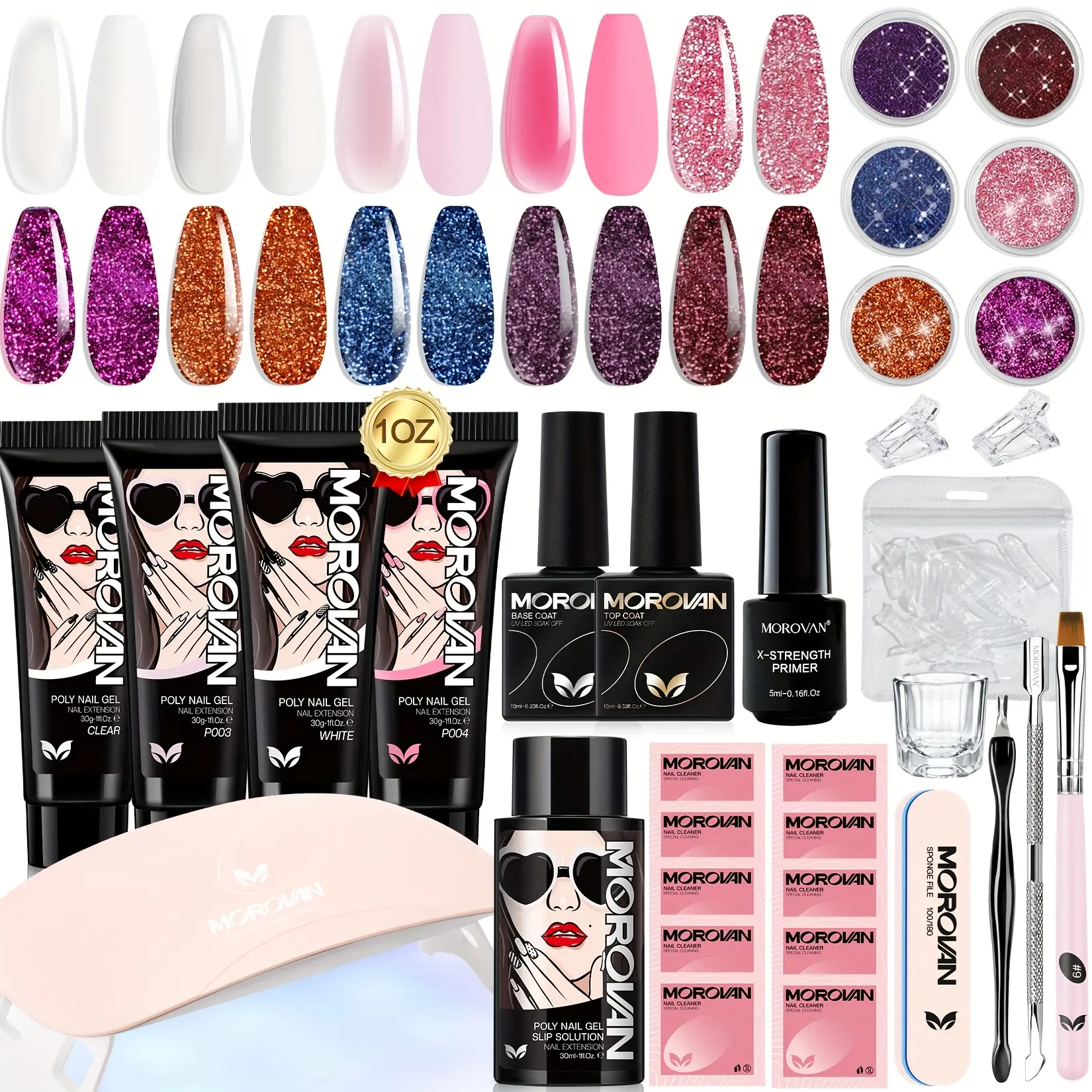 Morovan Poly Gel Nail Kit, Poly Nail Extension Gel Kit with UV LED Nail Lamp, Slip Solution, Primer Base Top Coat, Glitter Powder Dual Nail Forms Complete DIY Manicure Kit for Home Salon Beginners