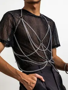 Men's Hollow Out Ring Body Chain, Fashionable Unique Simple Metal Chest Chain, Men's Body Jewelry, Trendy Accessory