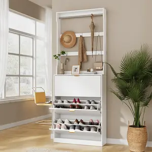 VOWNER Modern Shoe Cabinet Entryway Shelf 2 in 1 Shoe Storage Cabinet with 3 Flip Drawers Shoe Rack Hanging Shelf Coat Hooks for Entryway Hallway & Living Room White
