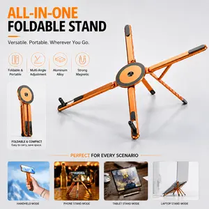 Adjustable Laptop Stand with Magnetic Phone Holder, Foldable Aluminum Computer Riser for 10-16” Laptops, MagSafe Compatible Desk Stand for MacBook, iPhone, iPad, Tablet, Travel Office Home