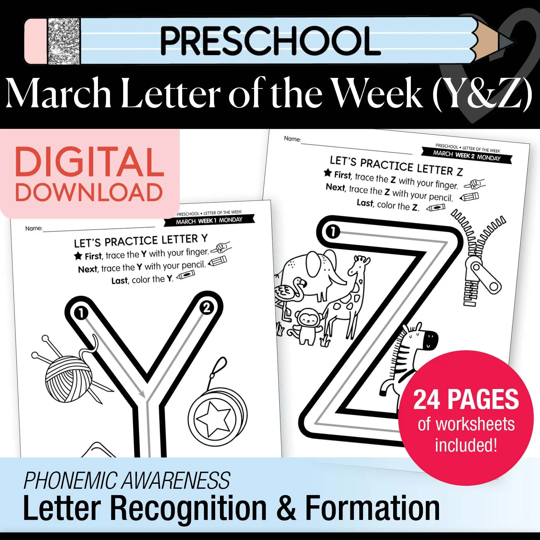 Printable Preschool March Letter of the Week (Y, Z, & Full Alphabet Review)