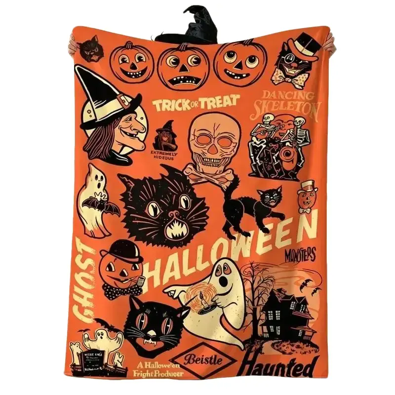 Retro Halloween Spooky Witch Ghost Pumpkin Flannel Blanket for Kids & Adults Gothic Halloween Aesthetic Plush Throw Blanket Ultra Soft Warm Fleece Blanket Lightweight Air Conditioner Blanket for Bed Couch Sofa Bedroom Living Room D