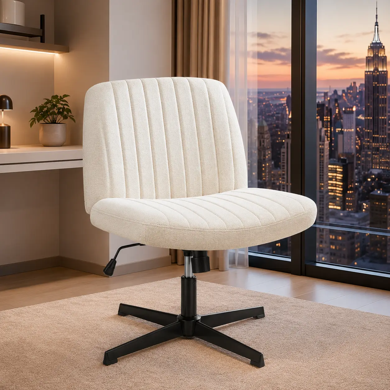 Beige Modern Swivel Chair - Armless Criss Cross No-Wheels, Adjustable Wide Seat, Ideal for Vanity and Small Space Computer Office Use, Modern Swivel Chairs, Computer Office Chair
