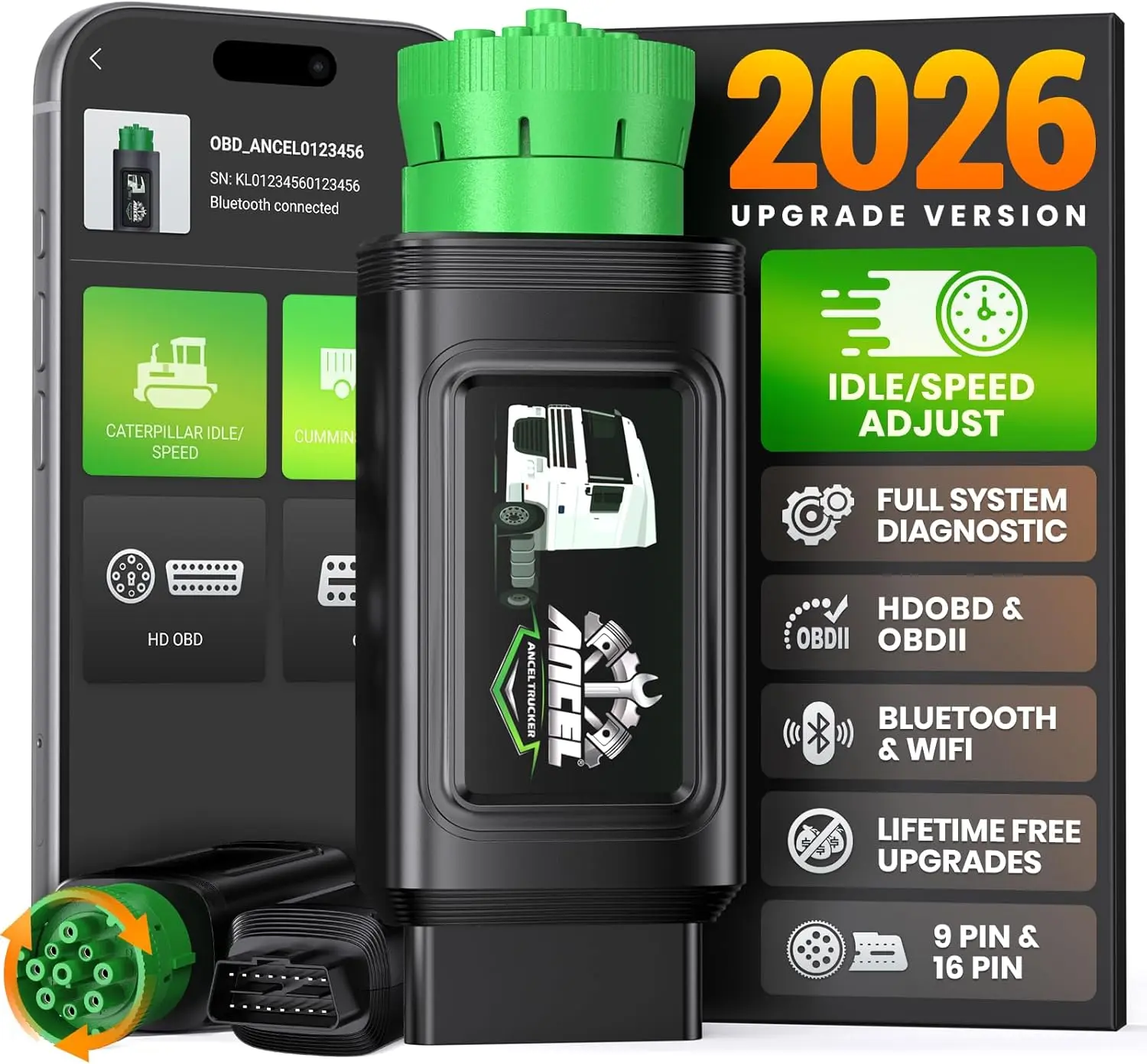ANCEL HD200 Bluetooth Heavy Duty Truck Scanner, Speed Limit Reset Tool for Cummins & Caterpillar Engines Diesel Diagnostic Tool, All System 2 In 1 HDOBD & OBD2 Truck & Car Code Reader, Lifetime Free Updates