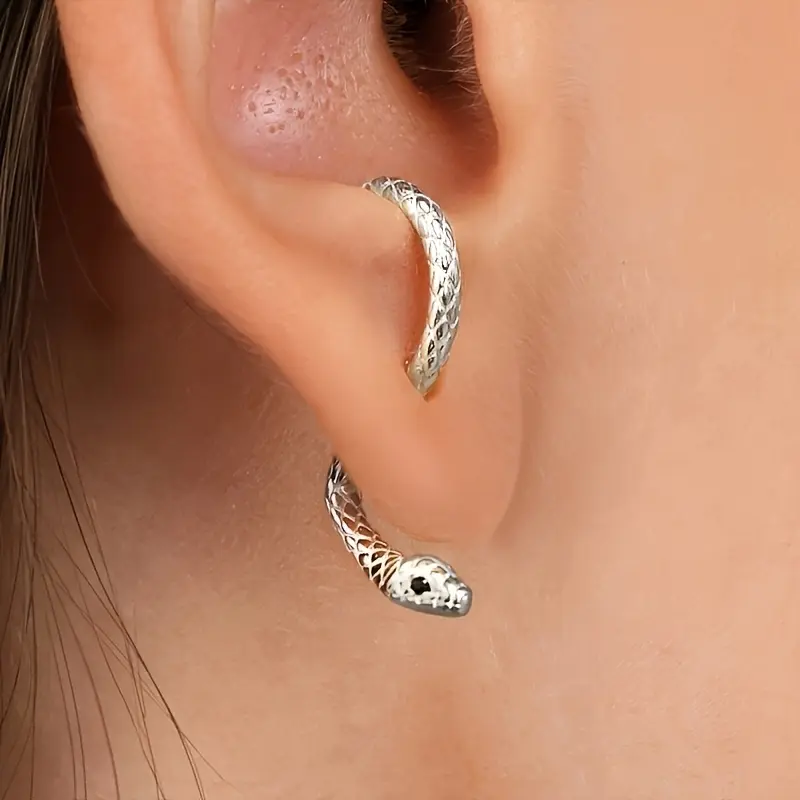 Women's Gothic Punk Snake Motif Earrings - Golden, Silvery Alloy Metal Fashionable Jewelry Accessories with Unique Shape for Daily Wear, Masquerade Gifts, Female