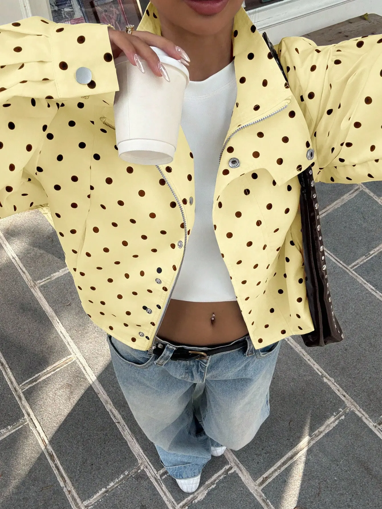 Candle Women's Polka Dot Print Zip-Up Casual Streetwear Long Sleeve Jacket Windbreaker Retro Autumn Fashion Outerwear