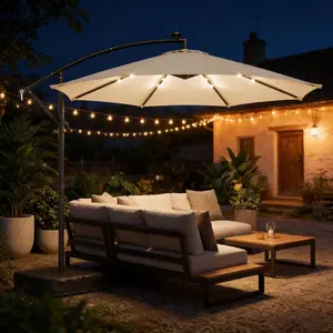 [Bellemave] 10ft Cantilever Patio Umbrella with Solar LED Lights| UPF 30+ UV Protection| Offset Hanging Umbrella with Sand Base & Cover for Garden Backyard