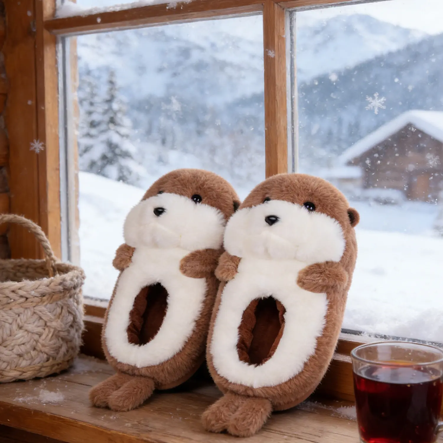 Women's Cozy Otter-Inspired Slide Slippers - Super Soft Plush Fabric, Lovable Animal Shape, TPU-Enhanced Indoor Home Footwear, Cute Gift Option