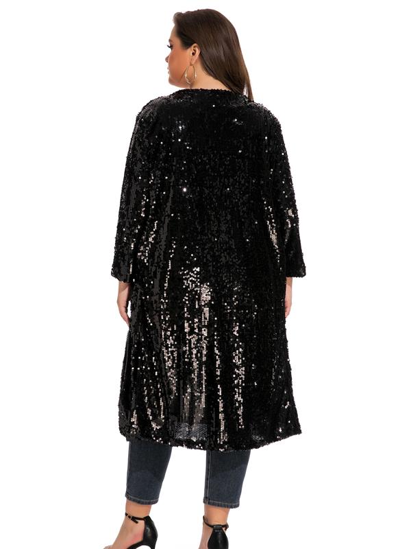 610 - Long Sleeves Full Sequins Open Front Duster Cardigan Cover-up Jacket Coat Womenswear Day Black