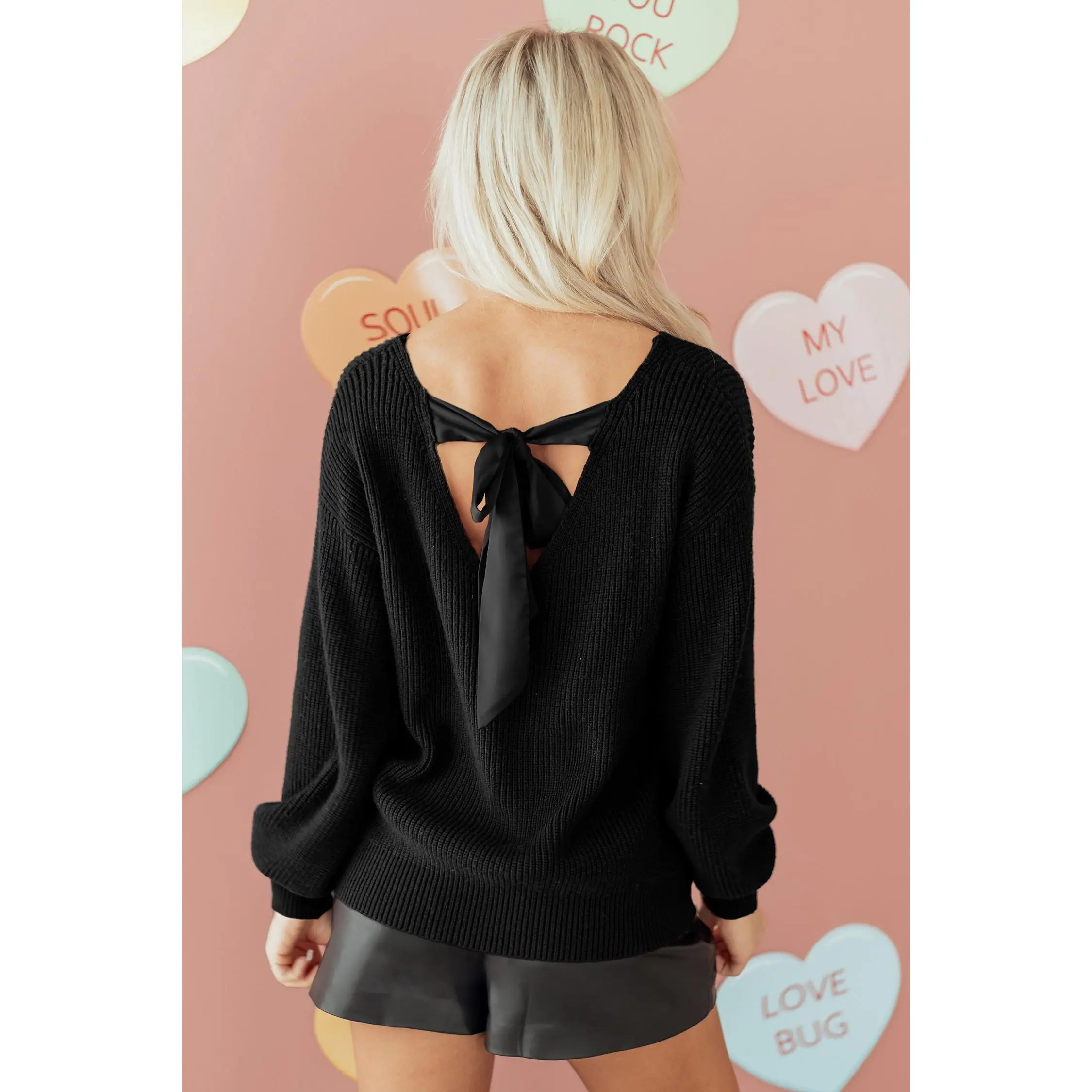 Black Ribbed Knit Ribbon Knot Backless Drop Shoulder Sweater