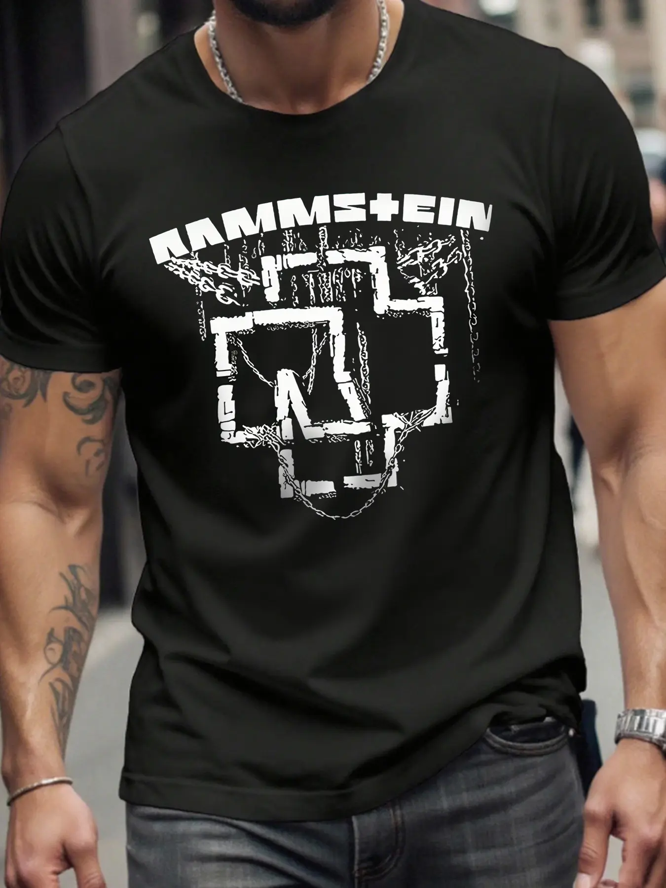 Men's Rammstein Graphic Print Round Neck Short Sleeve Band Tee T-Shirt, Casual Fitted Summer Top, Moderate Fabric Knit, H Type Silhouette