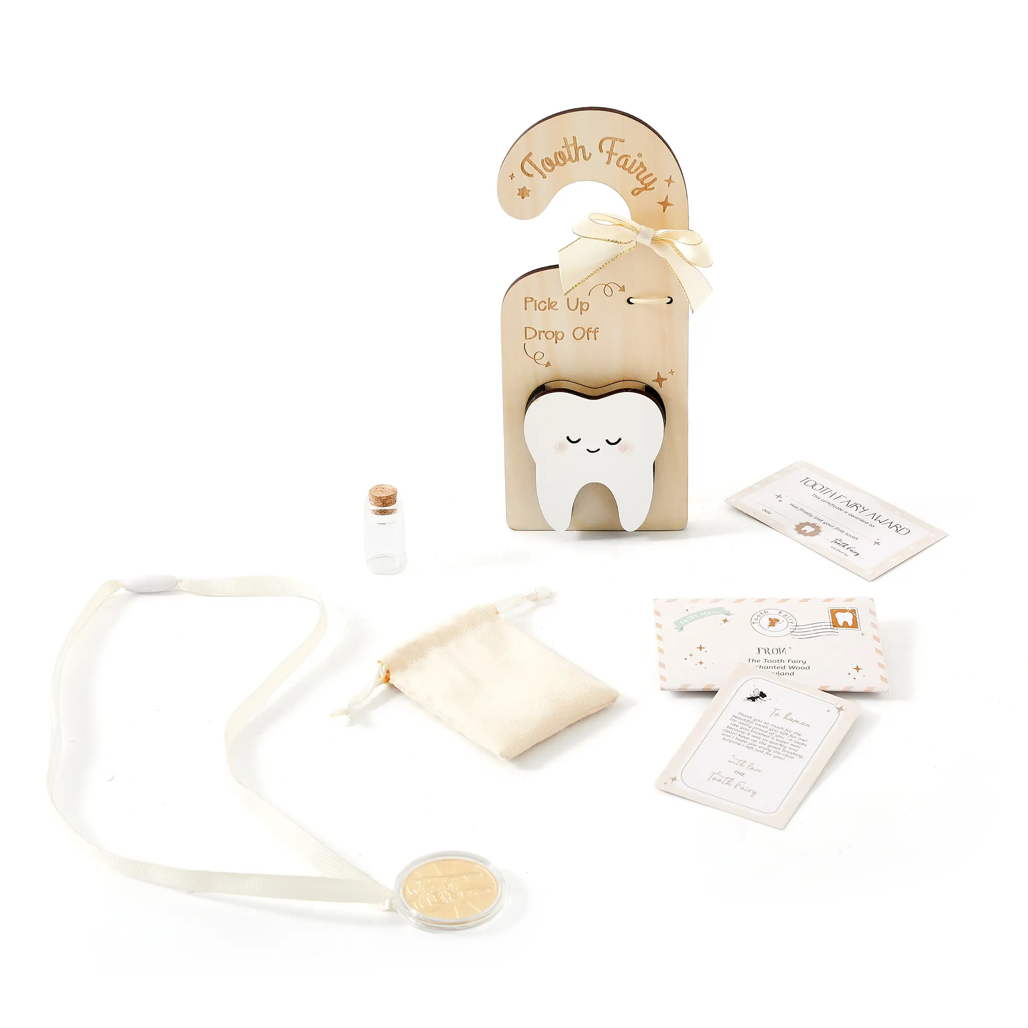 Tooth Fairy Gift Set - 9-Piece Magical Kids' First Tooth Loss Souvenir Kit by DealsForYouDays with Wooden Door Hanger, Velvet Pouch, Glass Jar, Gold Coin, Lanyard, Envelope, Tapes, Decor & Organiser | Children's Gift, Birthday Party Favors, Party Gifts