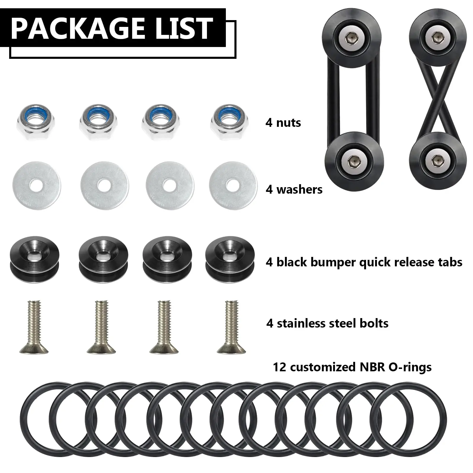 Automotive Front Rear Bumper Quick Release Tool Set of 28, Universal Bumper Clips, Bumper Holders for Cars (4 Black Bumper Quick Release Tabs and 12 Customized NBR O-Rings)