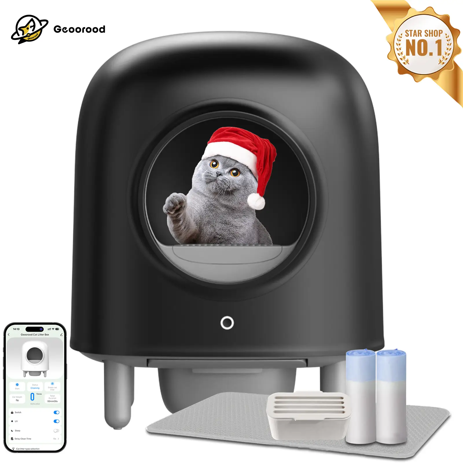 【GeooRood】Geoorood Self Cleaning Cat Litter Box, 60L Large Automatic Cat Litter Box for Multiple Cats with APP Control Odor Removal Safety Protection