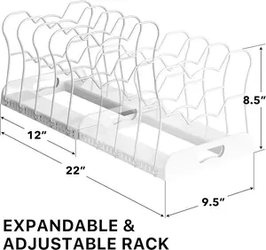 Simple Houseware Expandable Pan Organizer Rack, 10 Adjustable Compartments, White - Kitchen Cabinet Organizer for Pots, Pans, Lids & Bakeware - Pantry & Countertop Storage
