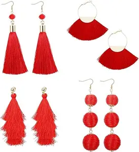 LOYALLOOK 4Pairs Tassel Earrings For Women Fan Shape Tassel Earrings Long Thread Tassel Earrings Bohemian Fringe Drop Handmade Earrings Boho Dangle Tiered