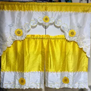 Sunflower 3 Piece Kitchen Curtain Set with Yellow and White Stripes, Floral Design, and Decorative Edges