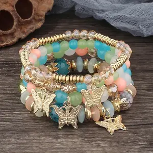 Bohemian Bracelet Set for Women, Butterfly Charm Beaded Bracelet with Clear Crystal Style Beads, Layered Boho Jewelry, Handmade Adjustable Bracelet for Summer Wear