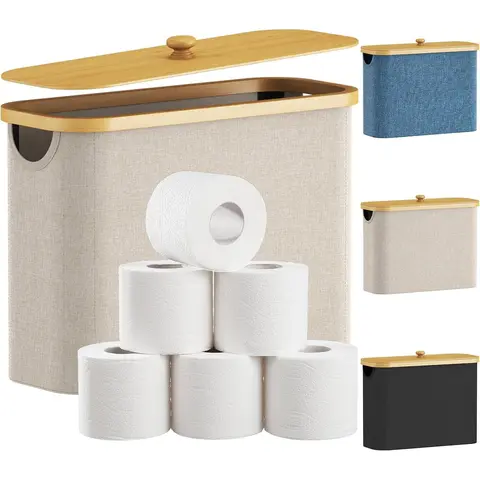 Lifewit Bamboo Toilet Paper Organizer Bin - Freestanding Modern Bathroom Organizer, 4×Detachable Bamboo Support Rods, 20L/30L Capacity, 16.9"(L)×6.7"(W)×12.2"(H), Foldable, Dust-Resistant Cover, Removable Lid, Built-In Handles, Moisture-Resistant