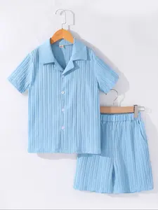 Boys' Two-Piece Summer Set, Fashionable Short Sleeve Shirt & Shorts, Breathable Wave Stripe Casual, Comfortable Fit, Clothes Kids