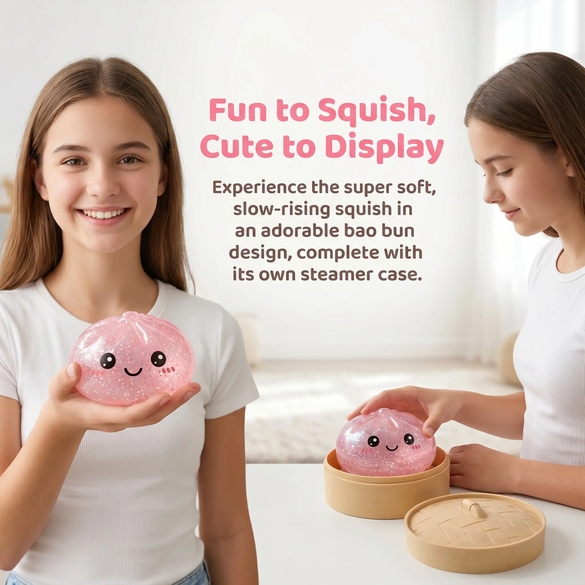 Squishy Dumpling Arc-en-ciel Pailleté – Jouet Sensoriel Anti-stress – Avec Visage Et Cuiseur Vapeur – Rose – Pour Adultes Et Enfants