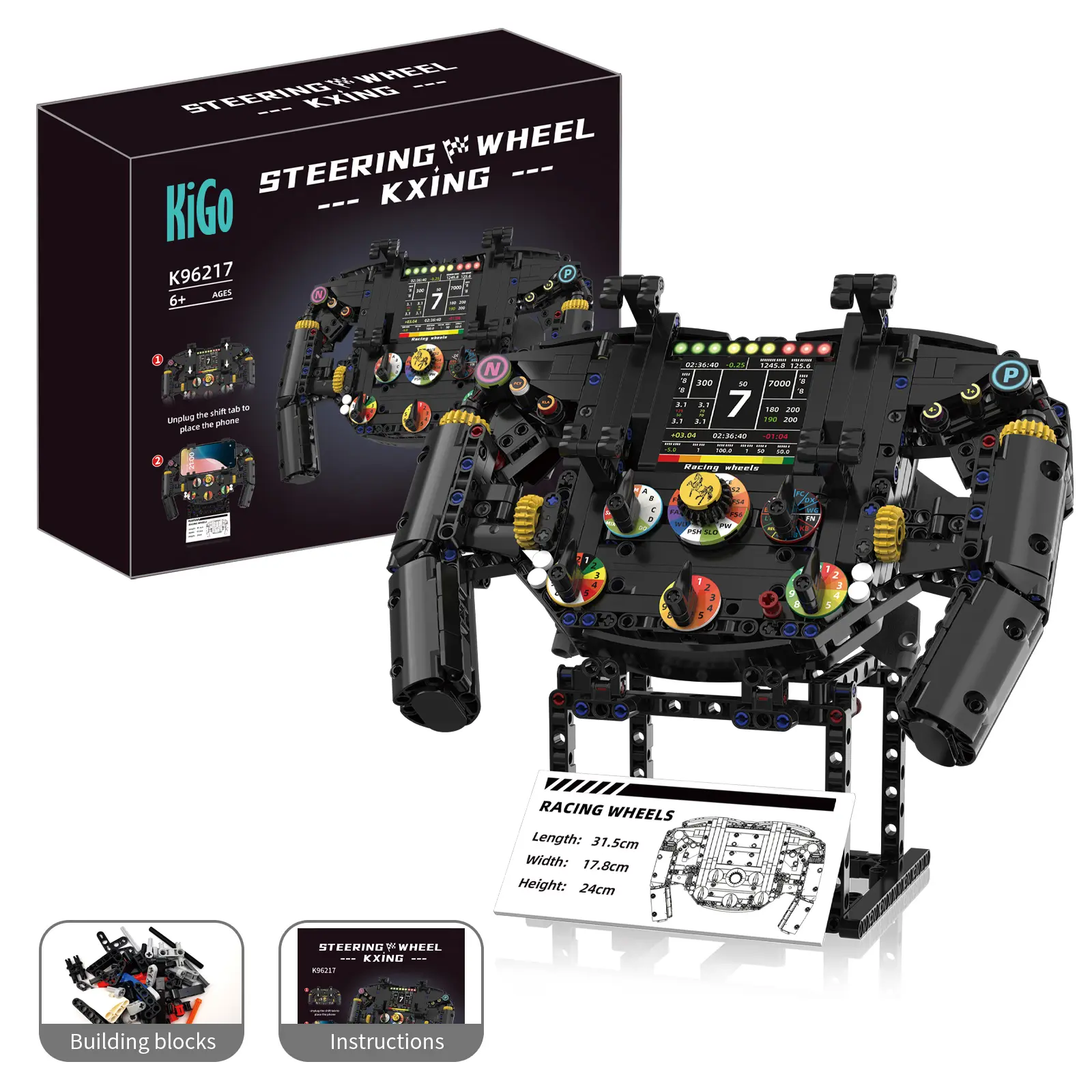 【833 PCS】 Ferrari-Style Racing Steering Wheel Kit - Interactive Build with Working Gears, Phone Mount & Game Controller