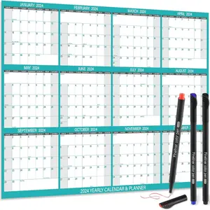 24" x 36" 2024 Yearly Large Wall Calendar - with 3 Pack Fineliner Color Pens,12 Months Annual Yearly Planner Calendar 2024, Erasable Wet & Dry, Reusable 2-Sided Horizontal (Blue)
