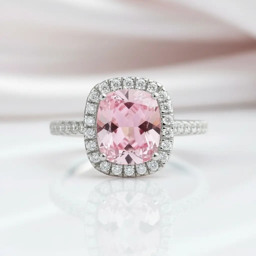Gorgeous Halo Cushion Cut Pink Sapphire Engagement Ring