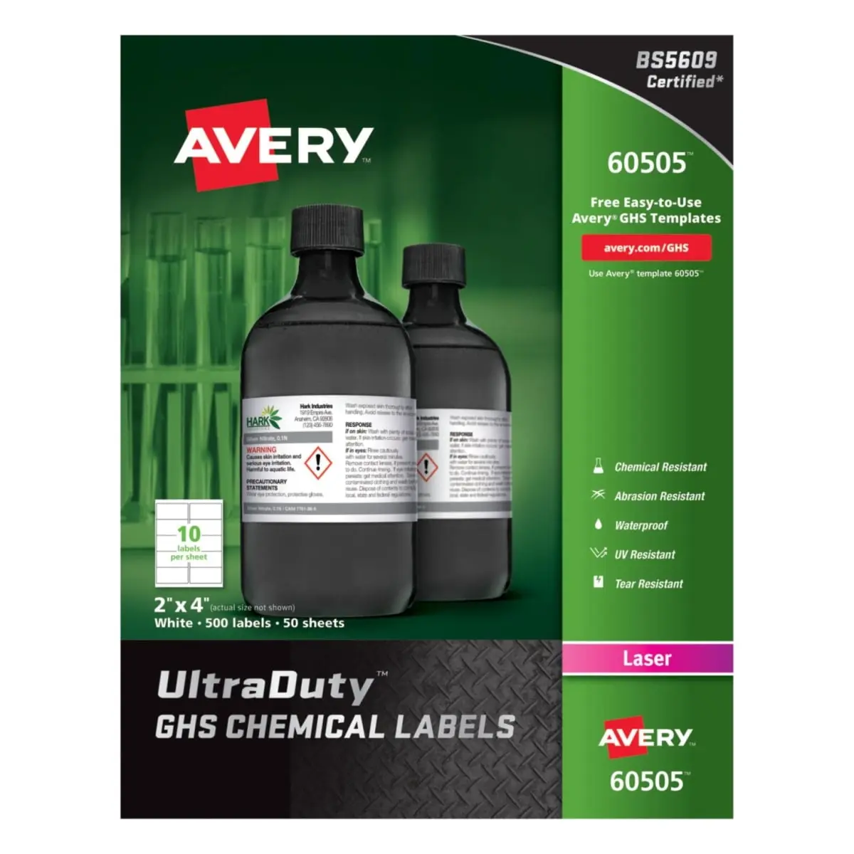 Avery Chemical-Safe Laser Printer Labels, 2x4 in. White Ultra Duty Film Sheets, 500-Pack for Office Labeling Needs