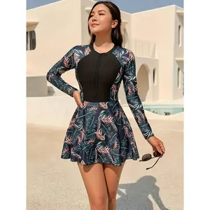 Tankini Black Printed Sunscreen Zipper for And Belly Covering, Casual Vacation 2pcs Swimsuit for Women