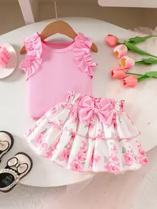 Baby Girl Pink Floral 2-Piece Outfit, Ruffle Sleeve Knit Top & Bowknot Layered Skirt Set, Perfect for Summer Birthday Party & Photoshoot
