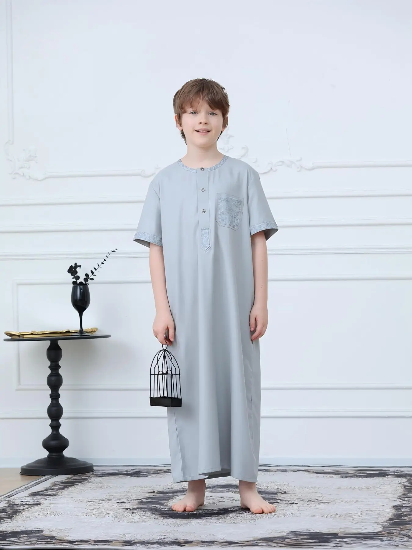 Boys' Middle Eastern Muslim Thobe Shirt Tunic, Kids Clothing Embroidered Short Sleeve Breathable Fabric, Loose Fit Modest Modesty Moroccan Robe, All Seasons Wear