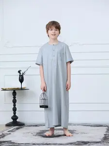 Boys' Middle Eastern Muslim Thobe Shirt, Embroidered Short Sleeve Breathable Fabric, Loose Fit Modest Moroccan Robe, All Seasons Wear
