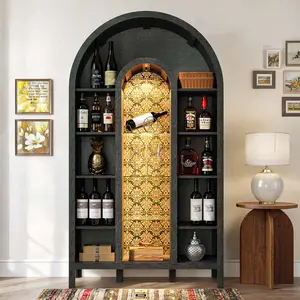 Arched Black Bar Cabinet with LED Light - 70.4"H Wine Cabinet with 17 Bottle Zones, Adjustable Shelves for Home Bar Storage, Kitchen & Dining Room