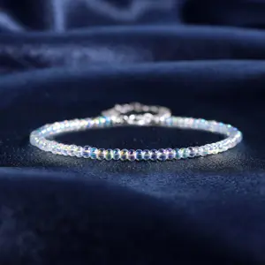 Natural Dainty Rainbow Opalite Stone 2mm Tiny Beads Crystal Healing Charka Crystal Sliver-Plated Chain Minimalist Bracelet Gift for Women