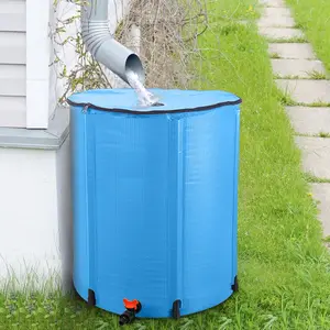 50-Gal Collapsible Rain Barrel, Portable Water Storage Tank with Water Taps & Overflow Kit, Outdoor Rainwater Collection System for Garden, Blue, Water Tap