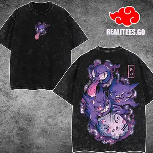 [realitees.go] Retro 90s Gengar BLACK PURPLE Ghost Bleach Tee Graphic Tee – Oversized Unisex Acid Washed Cotton T-Shirt, Japanese Anime Inspired Streetwear, Minimal Front Kanji Print, Bold Back Art Illustration, Casual Urban Outfit for Men and Women