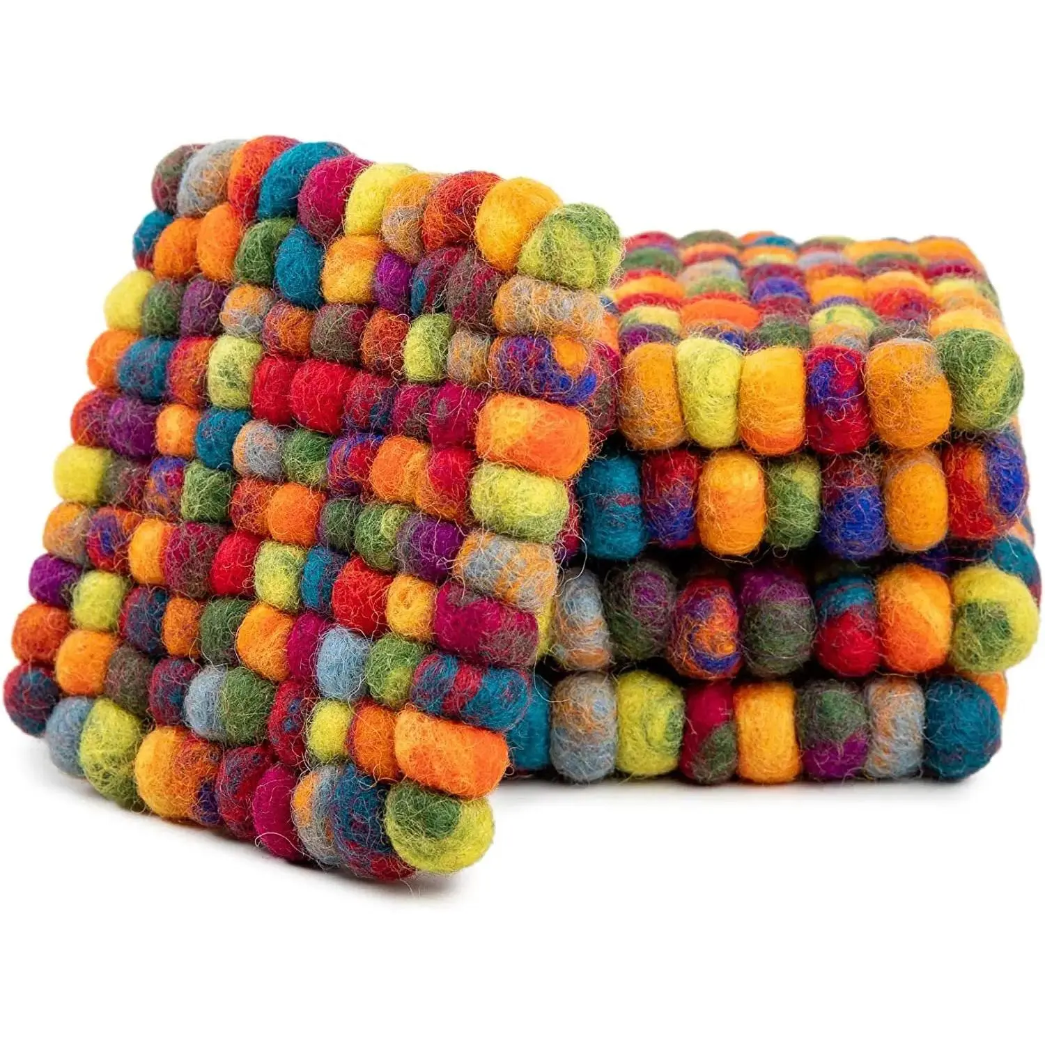 Square Felt Ball Coasters - 100% Merino Wool Table Coasters - Felt Coaster Pads, Absorbent Trivet for Drinks - Heat Resistant, Thick & Durable Hand Felted in Nepal by Woolygon- Multicolor - Set of 5